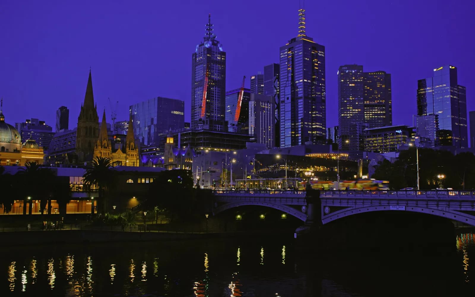 The Melbourne skyline at night over the Yarra River