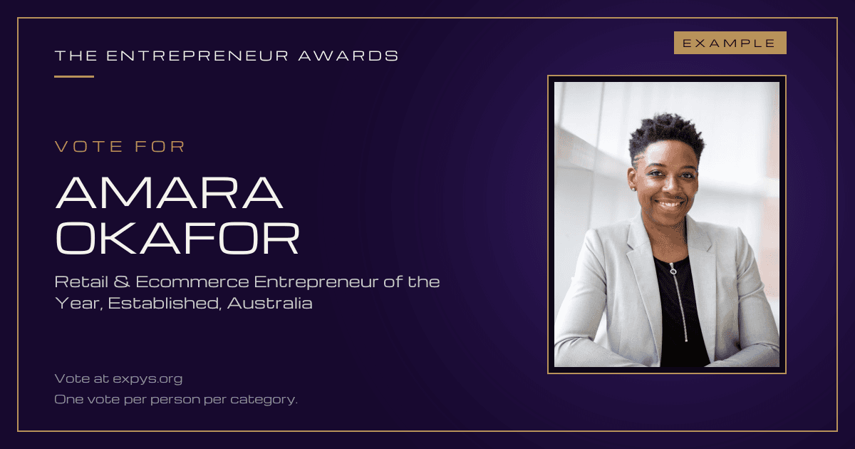 Example vote card for the fictional entrant Amara Okafor, Retail & Ecommerce Entrepreneur of the Year, Established, Australia, The Entrepreneur Awards. Marked example.