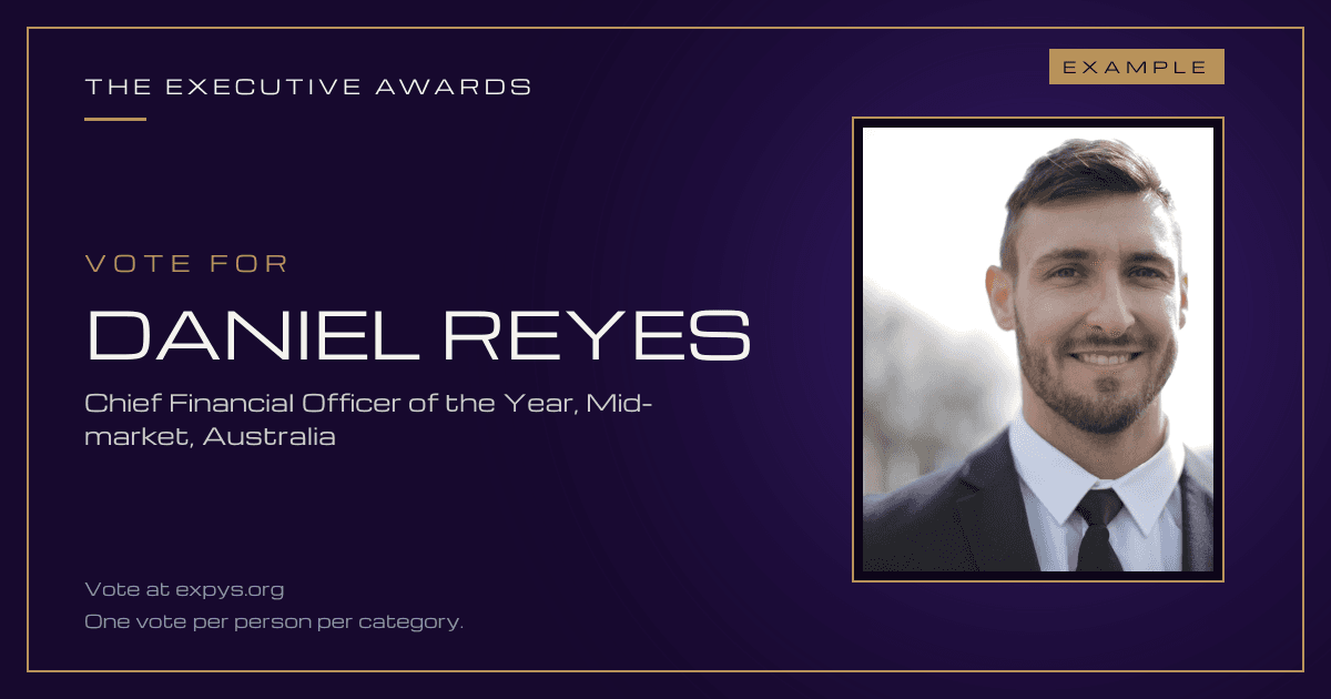Example vote card for the fictional entrant Daniel Reyes, Chief Financial Officer of the Year, Mid-market, Australia, The Executive Awards. Marked example.