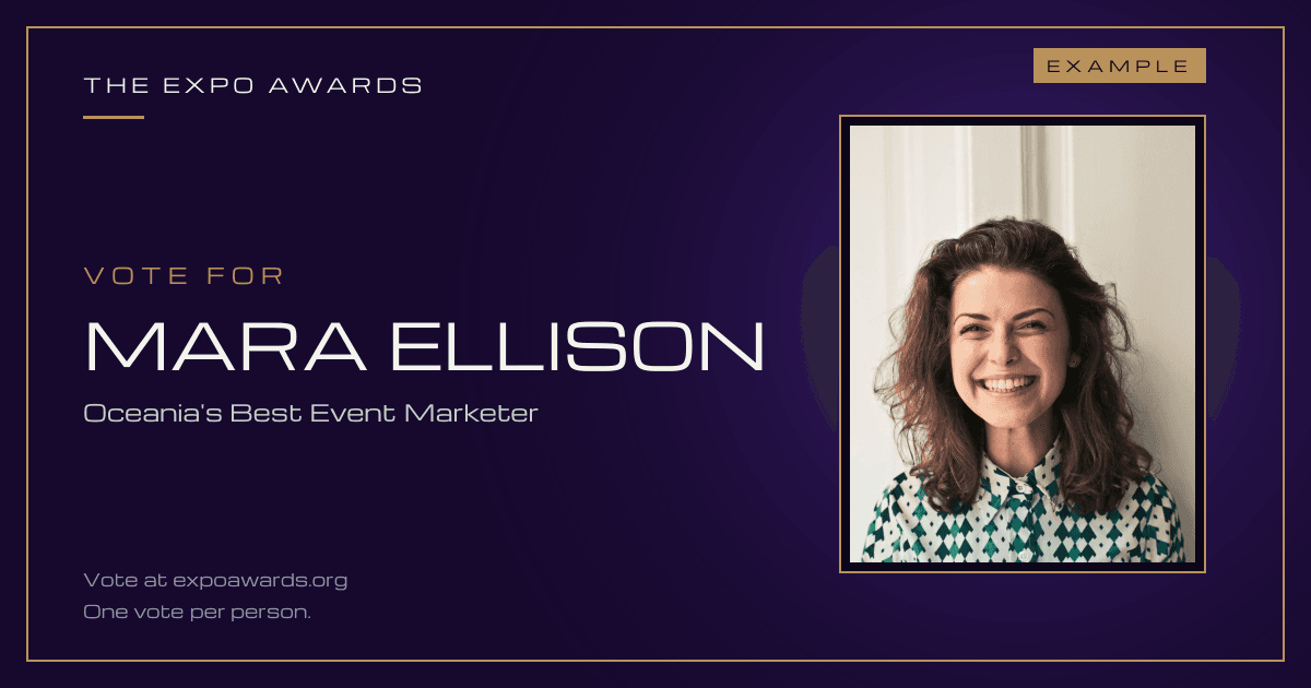 Example vote card for the fictional entrant Mara Ellison, Oceania's Best Event Marketer, The Expo Awards. Marked example.