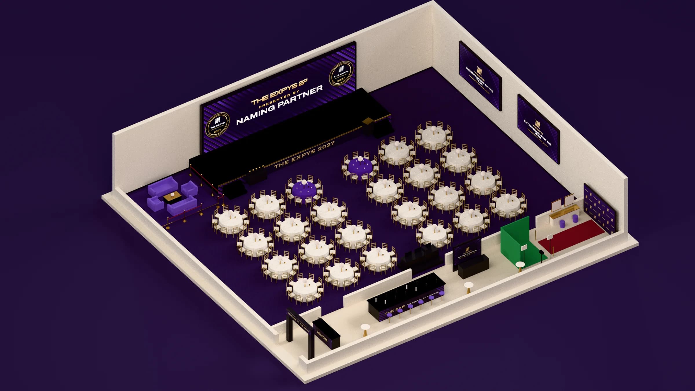 A model of the planned gala room seen from above, set for 250 guests: the stage and LED wall, two side screens on the long wall, rounds of ten, a VIP lounge, the entrance arch, registration, the bar, a glam station, a partner stand, a green screen and the red carpet to the photo wall.