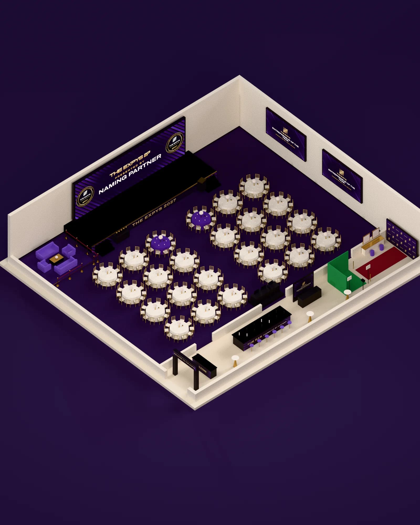 A model of the planned gala room seen from above, set for 250 guests: the stage and LED wall, two side screens on the long wall, rounds of ten, a VIP lounge, the entrance arch, registration, the bar, a glam station, a partner stand, a green screen and the red carpet to the photo wall.