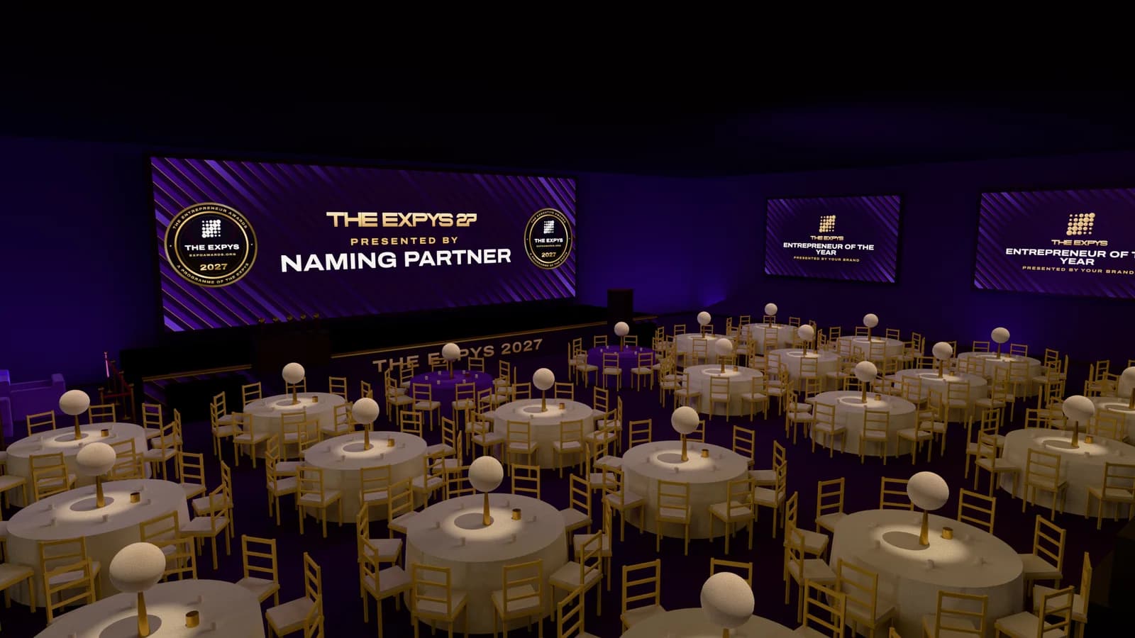 A render of the planned room at night: the LED wall behind the stage, two side screens on the right and rounds of ten lit from above.