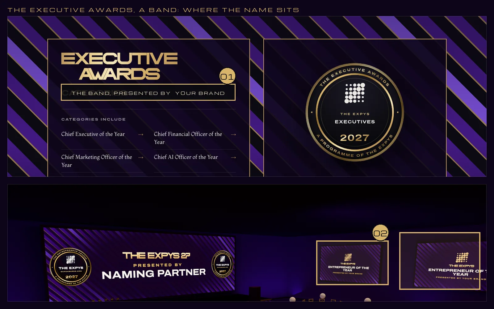 An award page with the presented-by line marked in brass, and the planned room with the side screens marked.