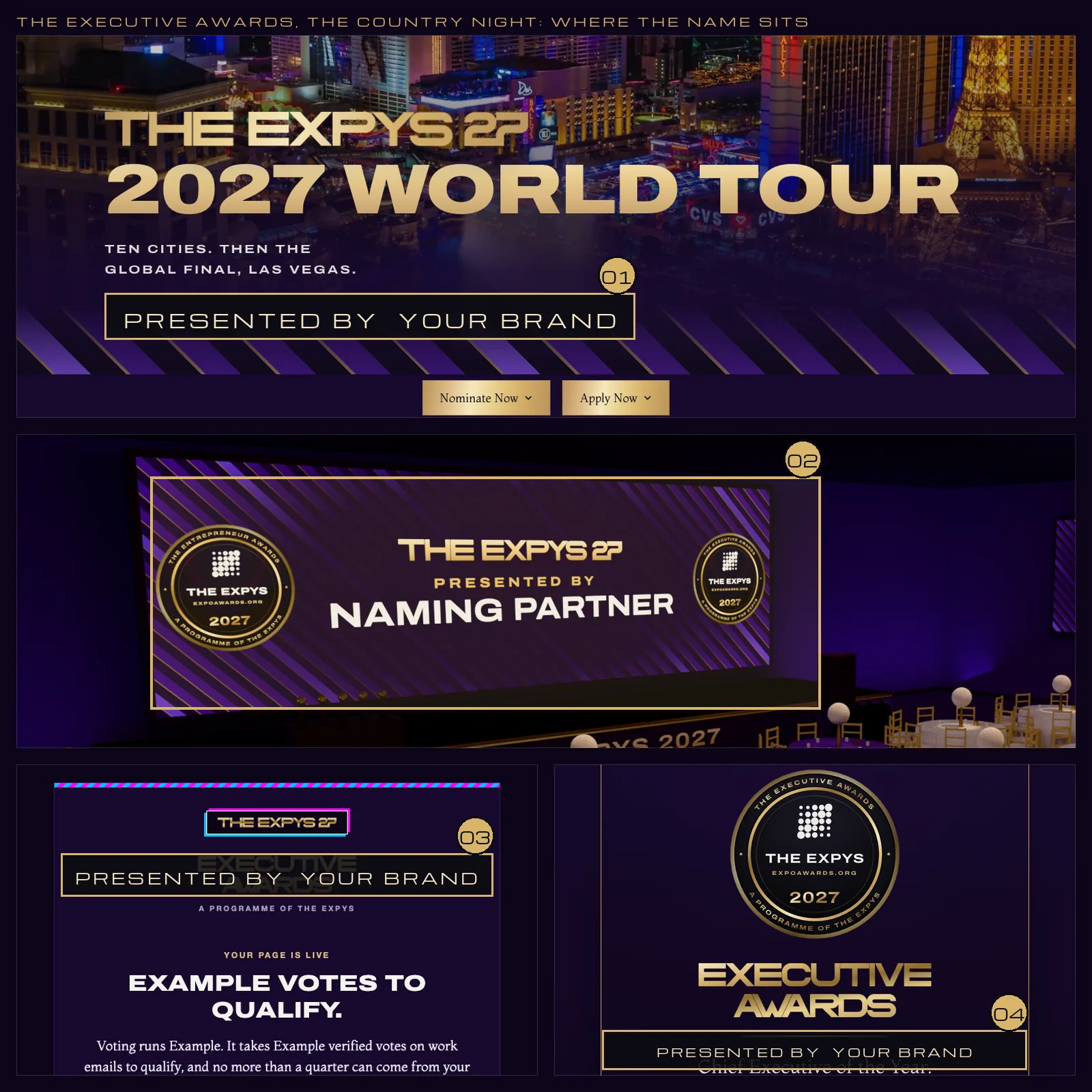The live events page with the presented-by slot marked in brass, the LED wall in the planned room, a ticket email and a social tile.