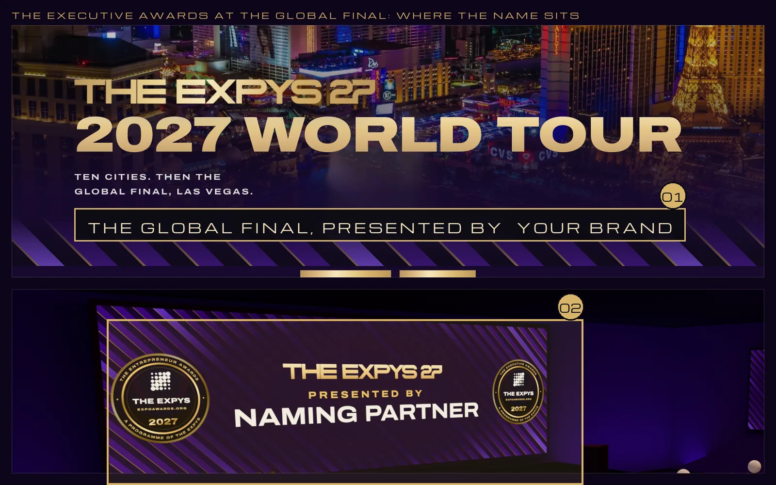 The Global Final on the live events page with the presented-by slot marked in brass, and the LED wall in the planned room.