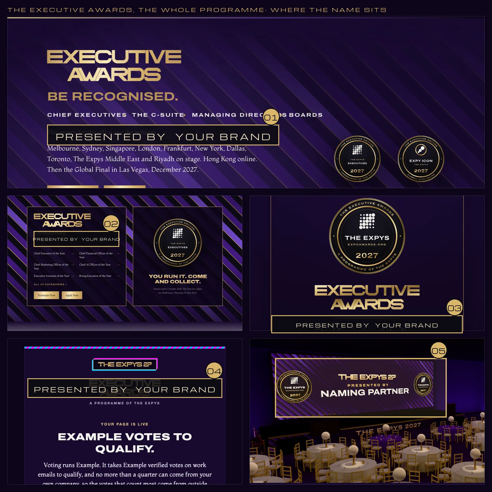 The The Executive Awards home with the presented-by slot marked in brass, an award page, a social tile, an entrant email and the LED wall in the planned room.