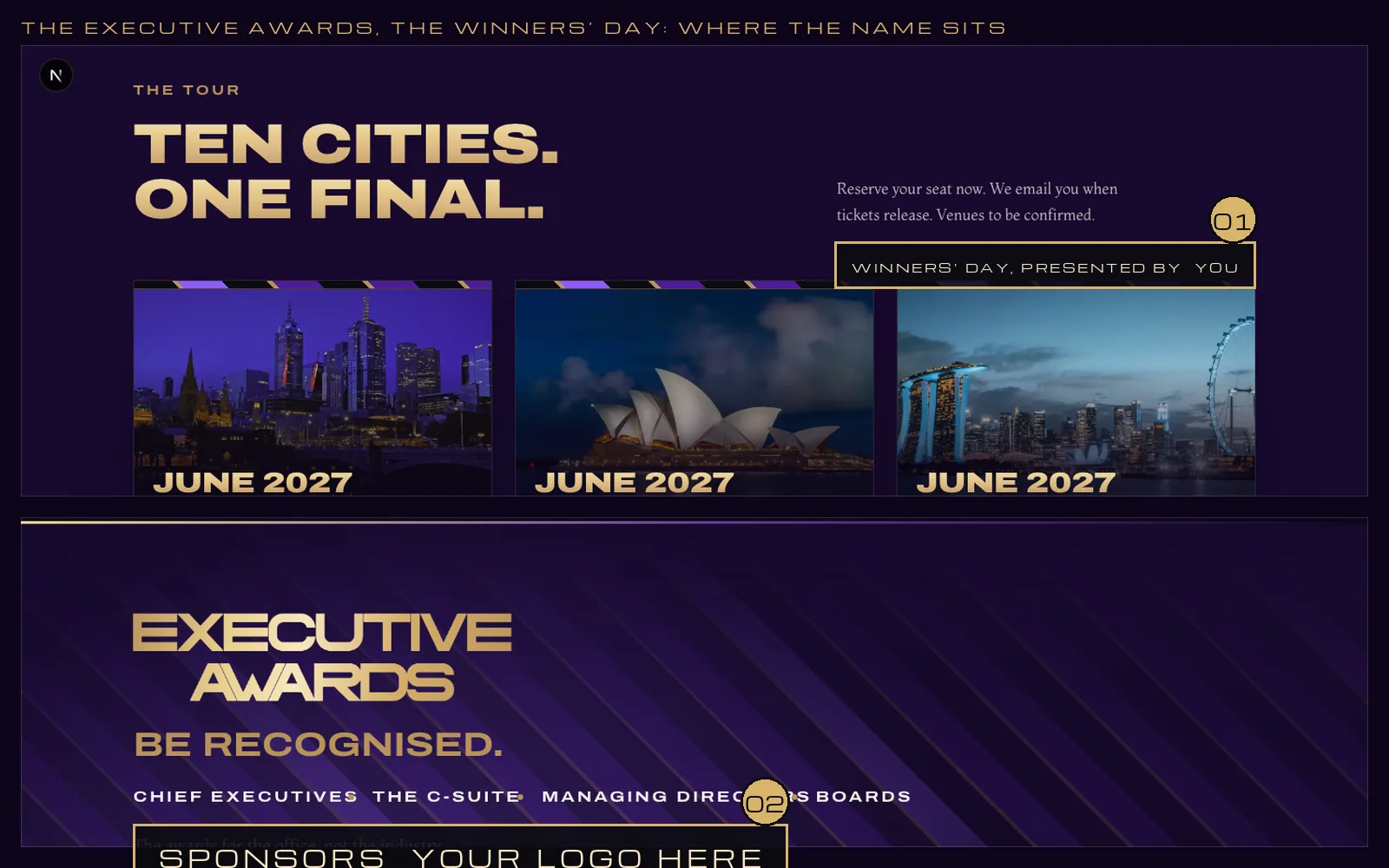 The Winners’ Day on the live events page with the sponsor slot marked in brass.