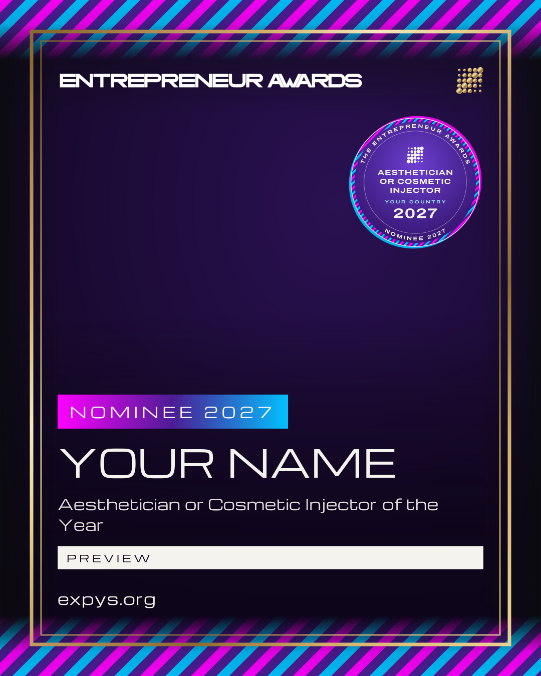 An example Nominee 2027 post for The Entrepreneur Awards: the badge, the award and the picture, marked example