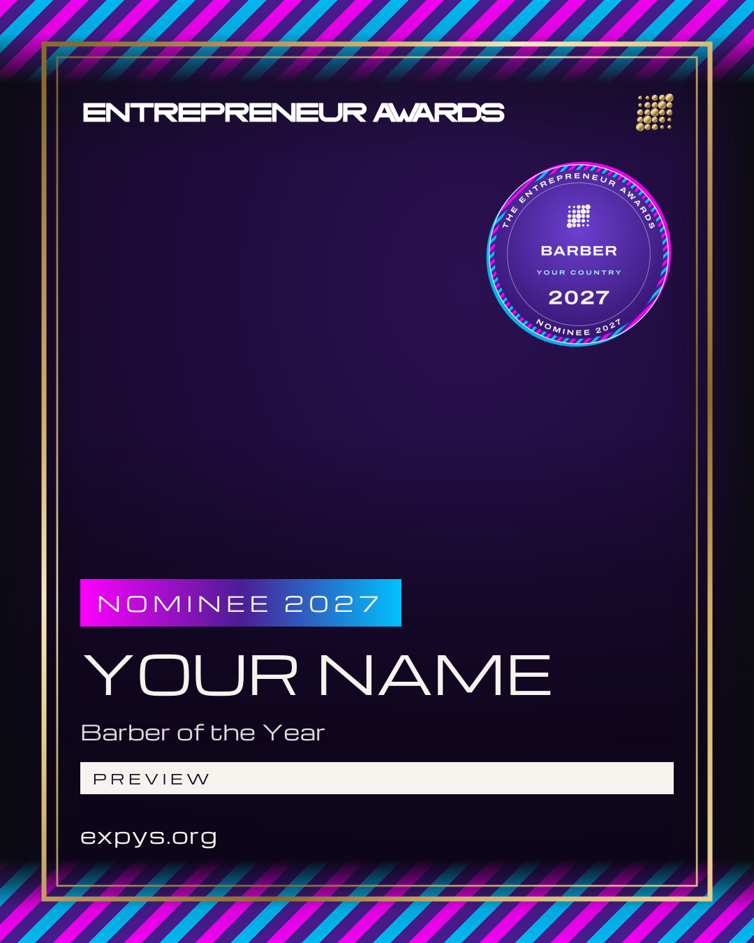 An example Nominee 2027 post for The Entrepreneur Awards: the badge, the award and the picture, marked example