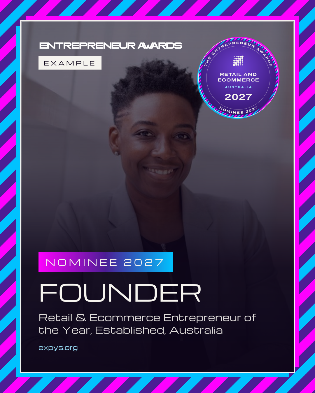 An example Nominee 2027 post for The Entrepreneur Awards: the badge, the award and the picture, marked example