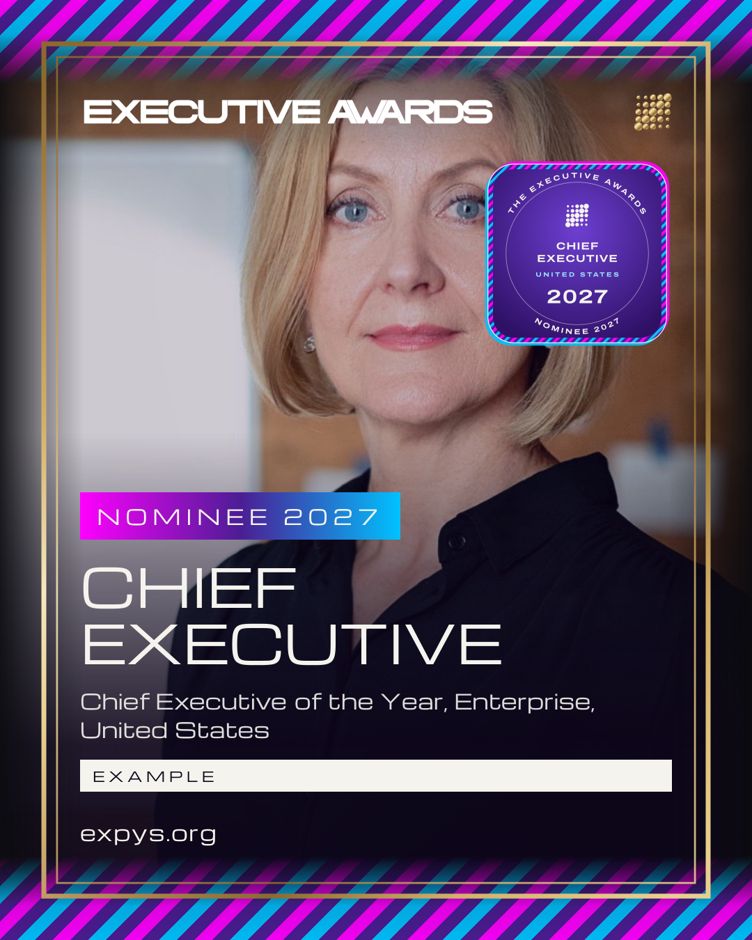 An example Nominee 2027 post: the entrant's picture, the award and the badge