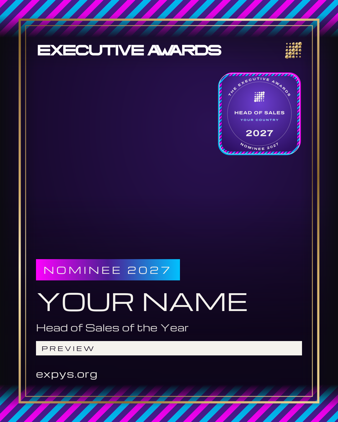 An example Nominee 2027 post for The Executive Awards: the badge, the award and the picture, marked example