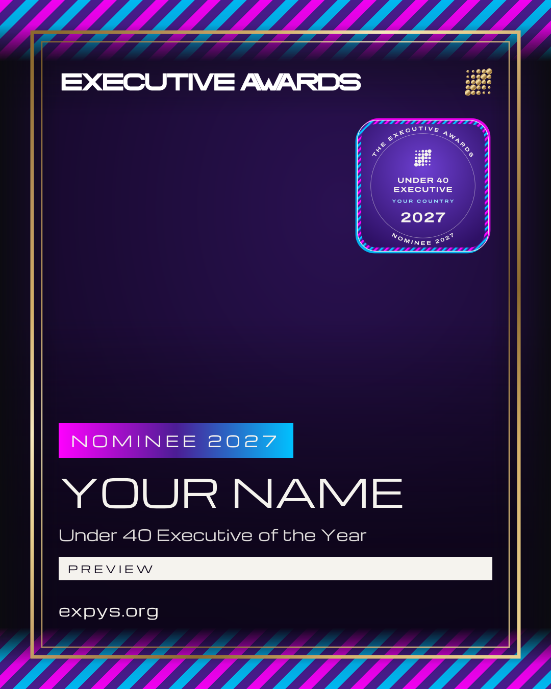 An example Nominee 2027 post for The Executive Awards: the badge, the award and the picture, marked example