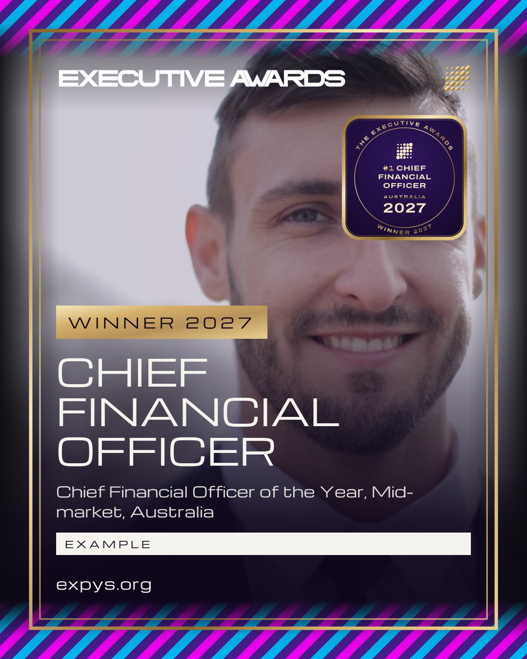 An example Winner 2027 post: the entrant's picture, the award and the badge